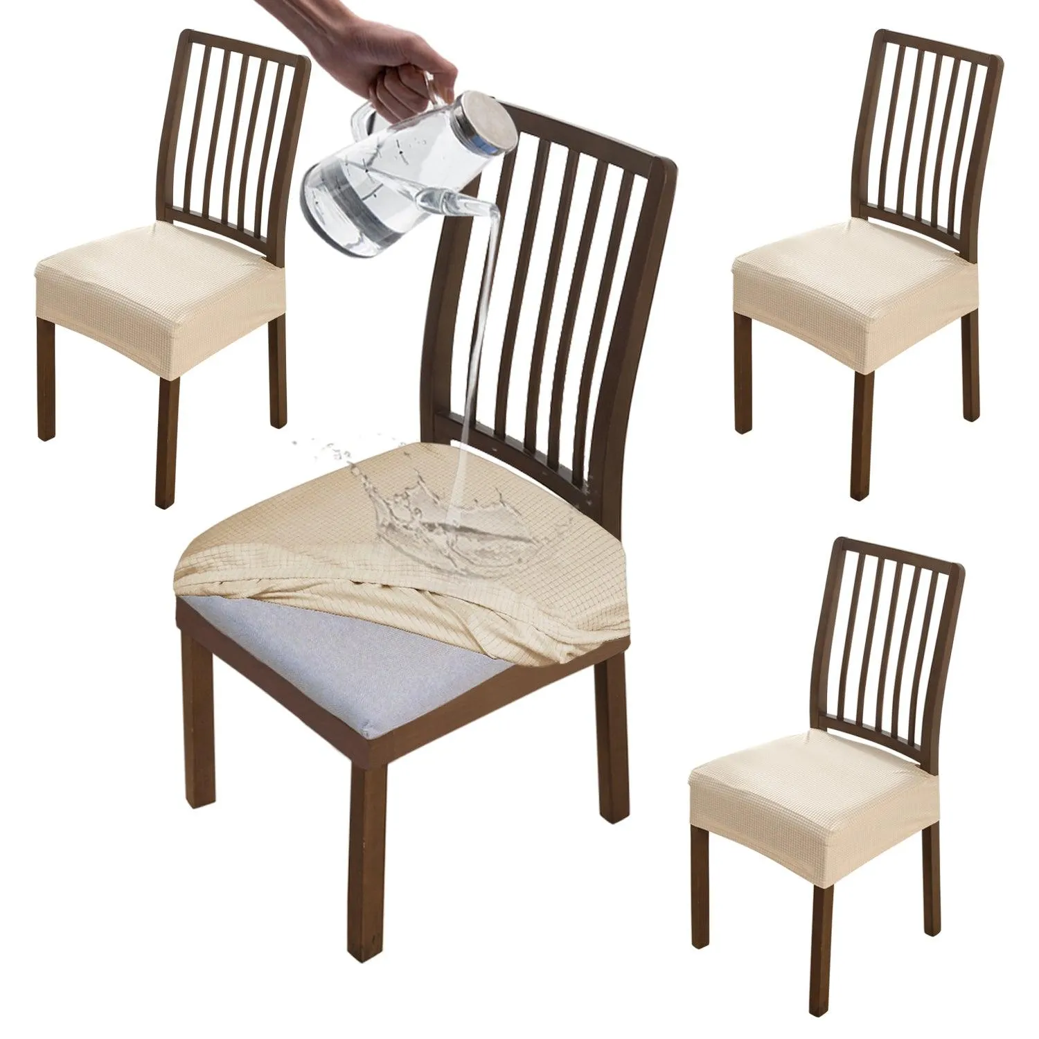 100% Waterproof Jacquard Dining Chair Seat Cushion Cover, Beige