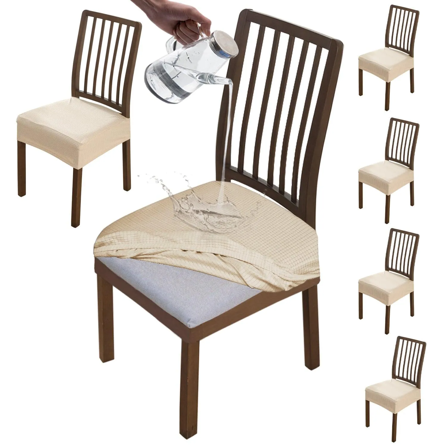 100% Waterproof Jacquard Dining Chair Seat Cushion Cover, Beige