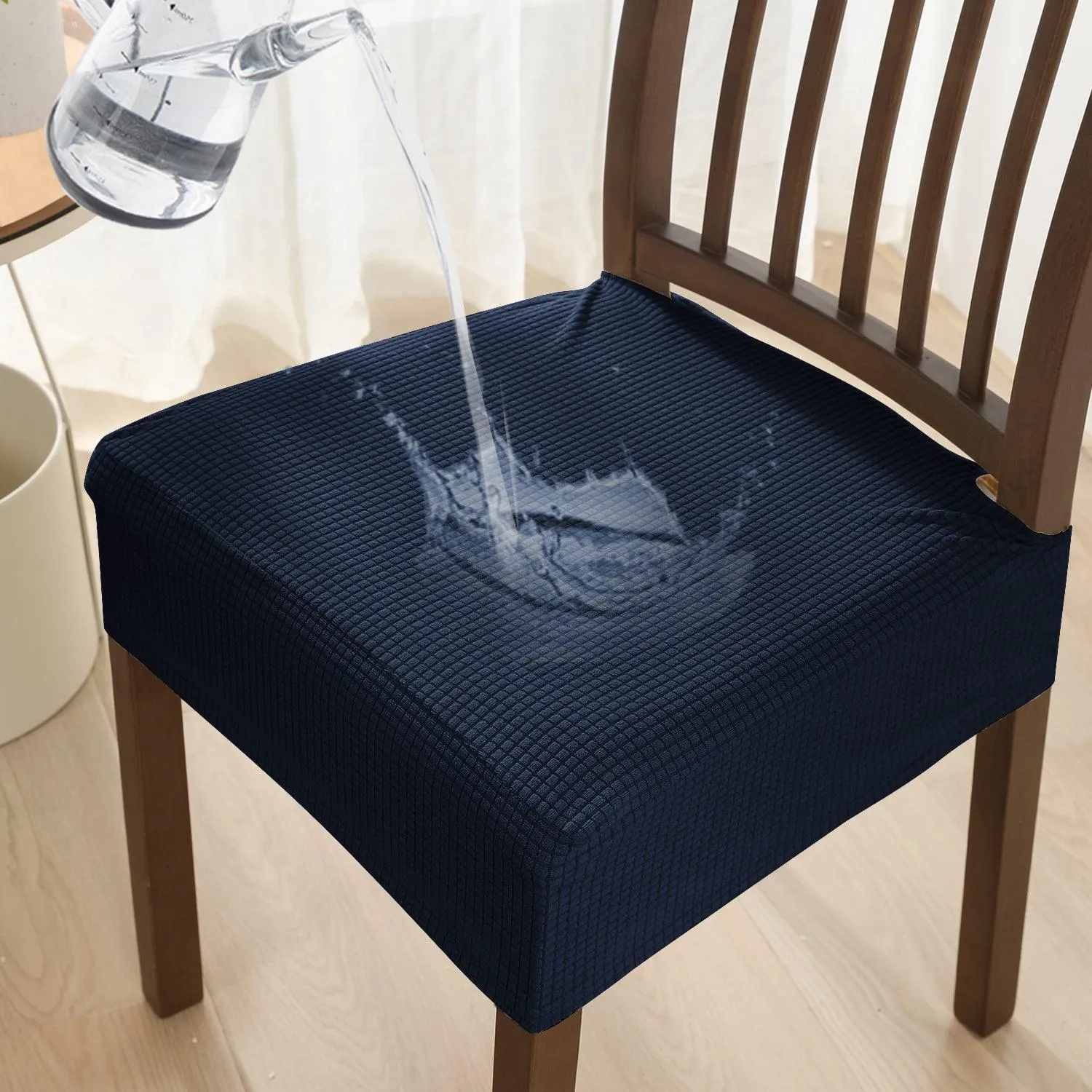 100% Waterproof Jacquard Dining Chair Seat Cushion Cover, Navy Blue