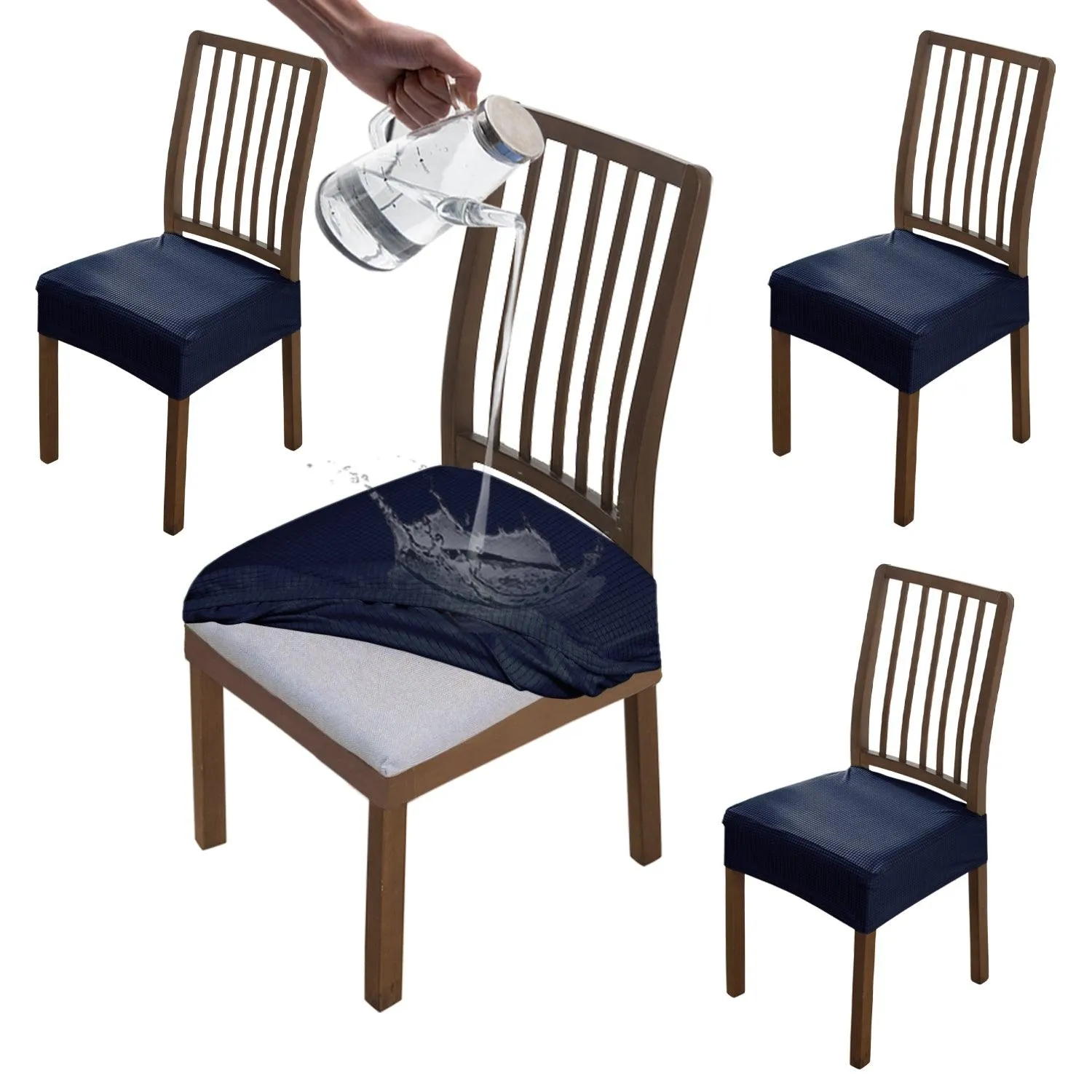 100% Waterproof Jacquard Dining Chair Seat Cushion Cover, Navy Blue