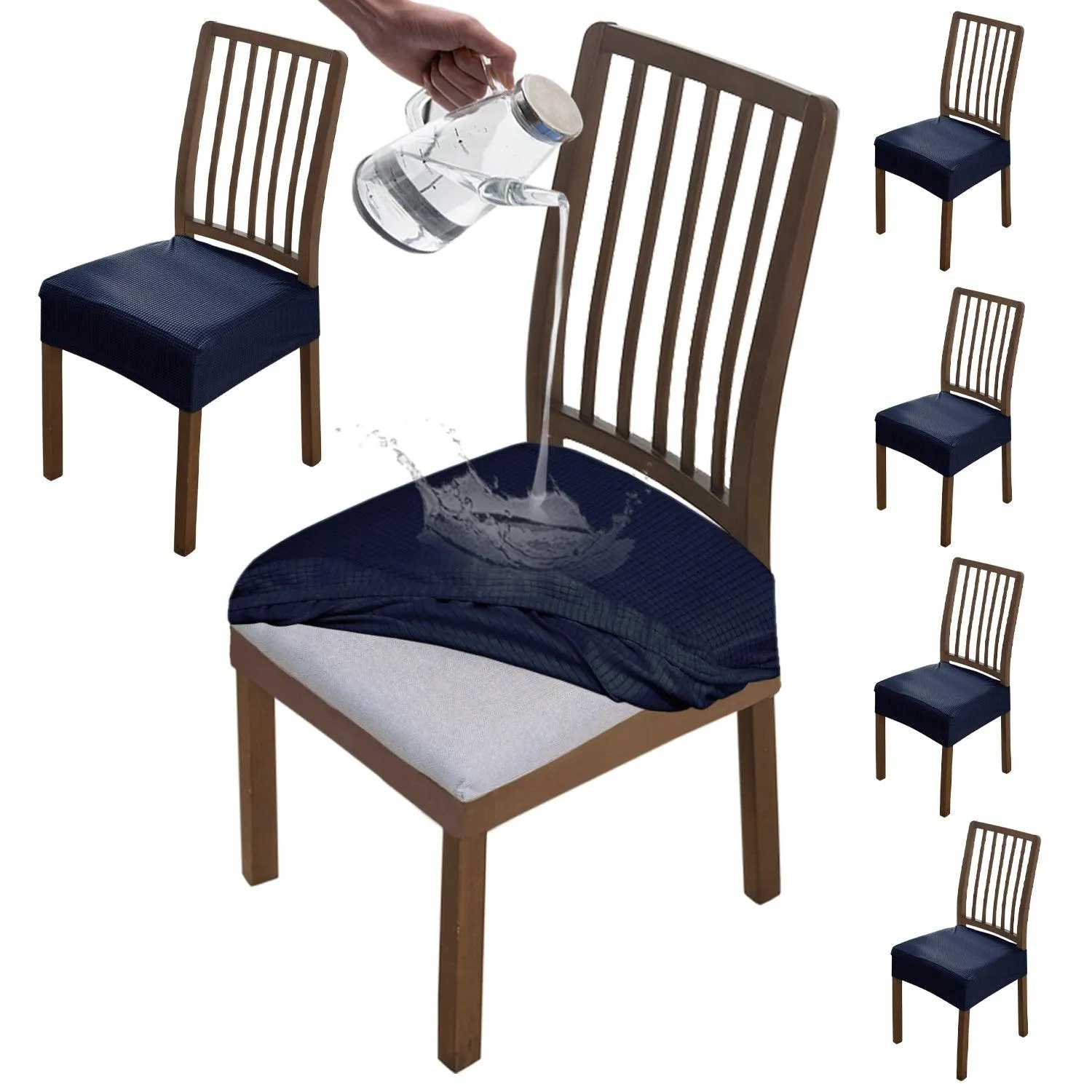 100% Waterproof Jacquard Dining Chair Seat Cushion Cover, Navy Blue