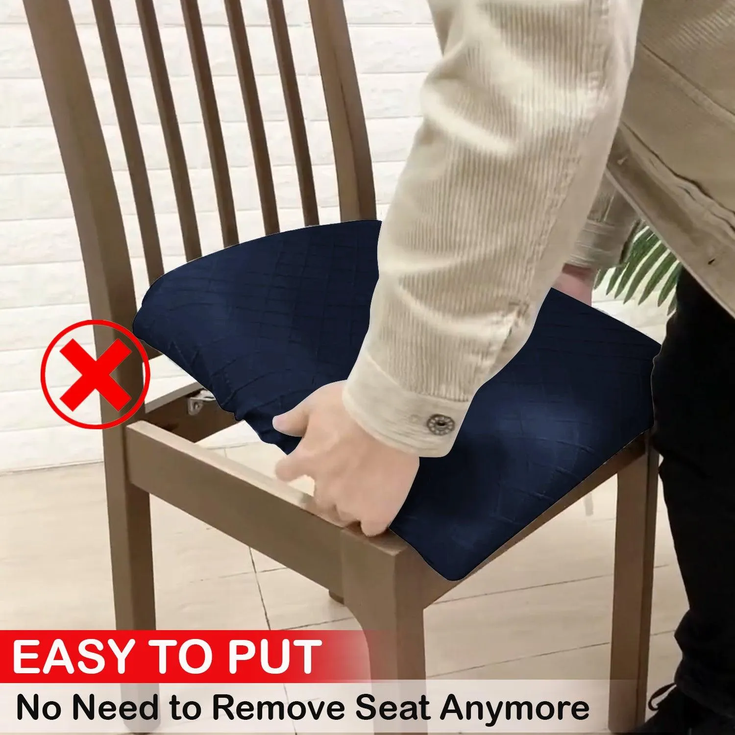 100% Waterproof Jacquard Dining Chair Seat Cushion Cover, Navy Blue