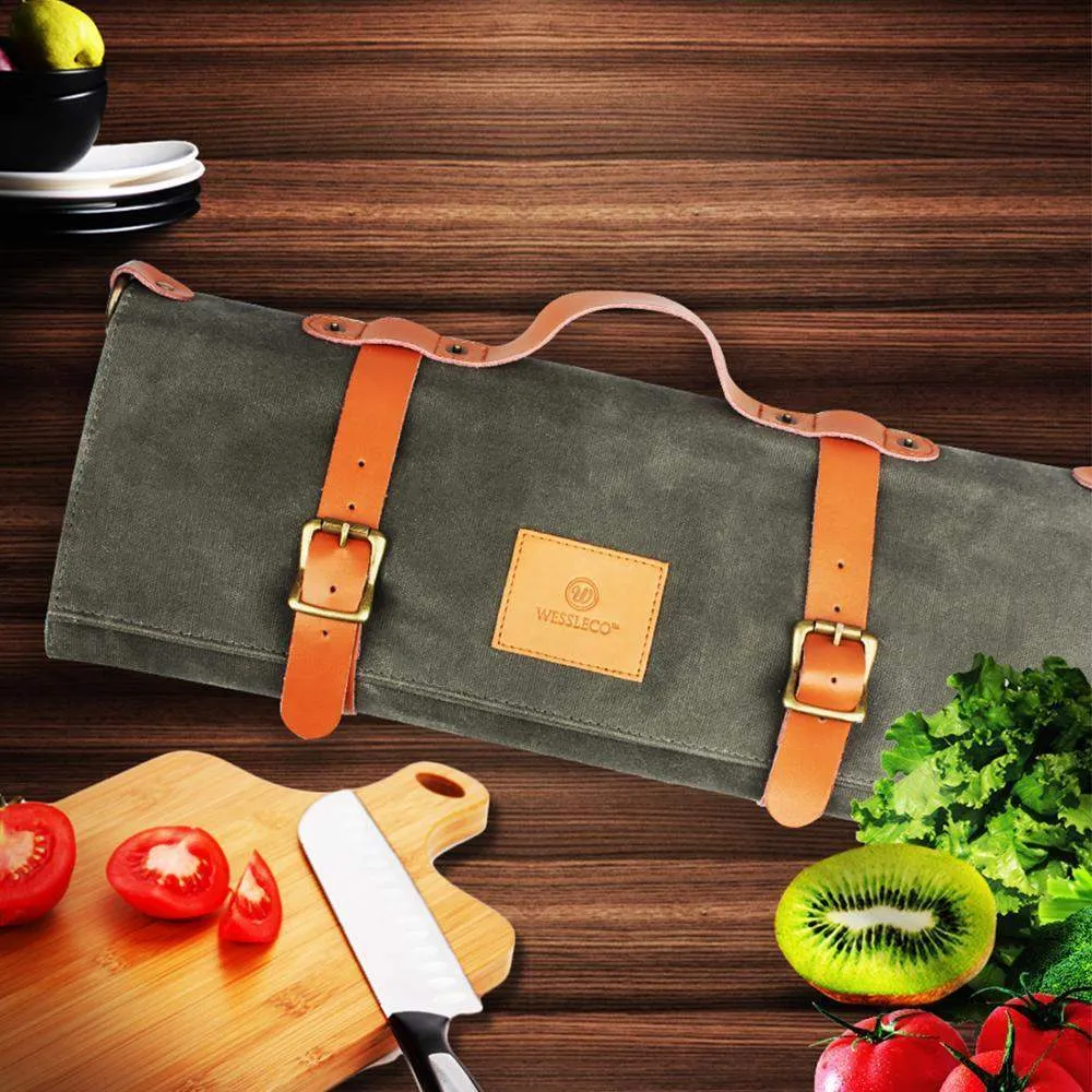 11 Slots High Quality Waxed Canvas Chef Knives Roll Bag