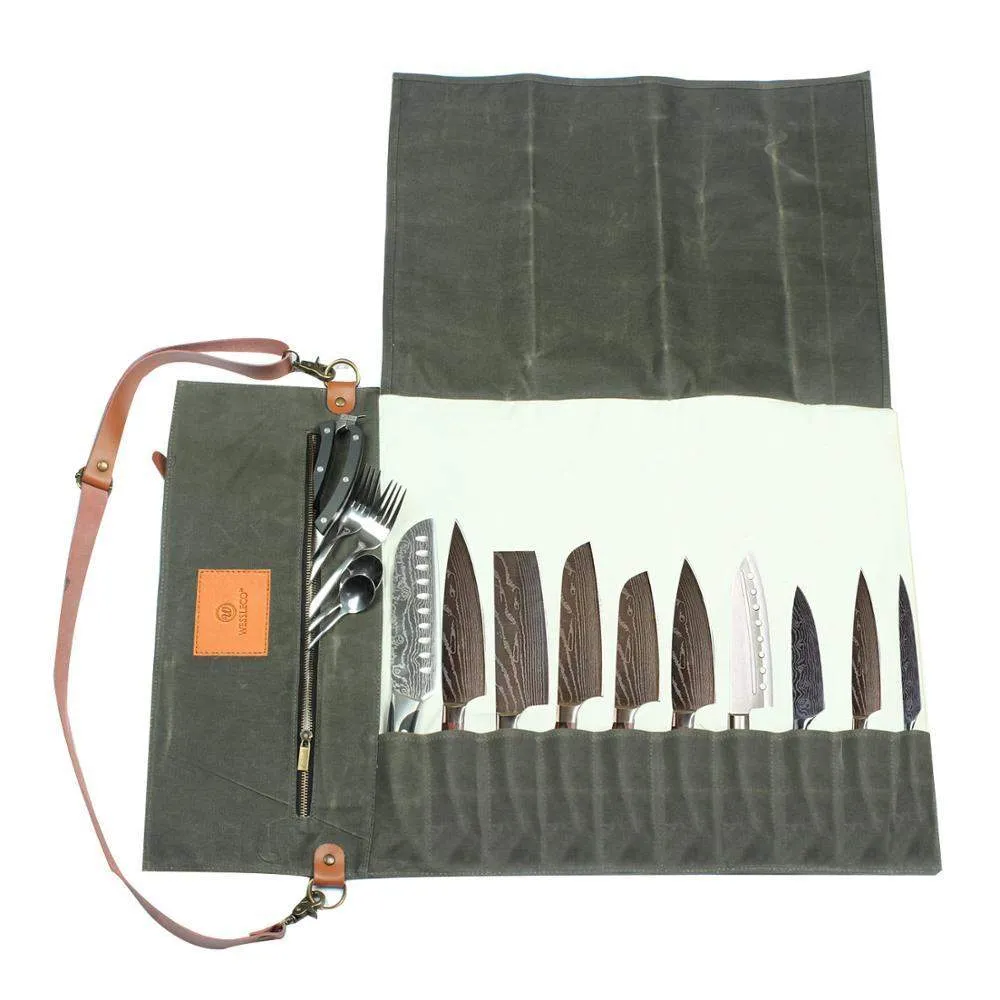 11 Slots High Quality Waxed Canvas Chef Knives Roll Bag
