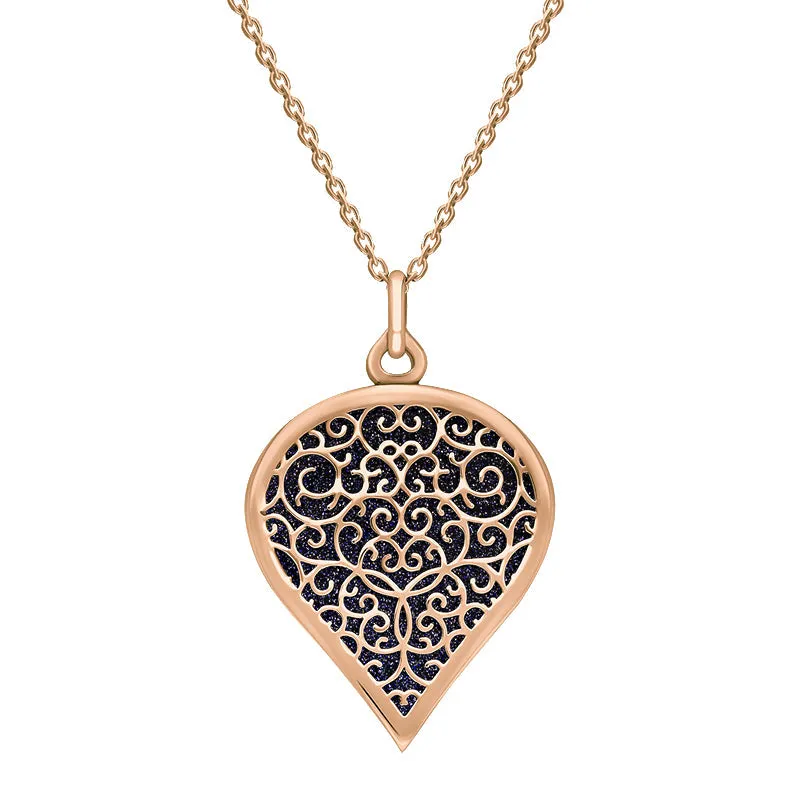 18ct Rose Gold Blue Goldstone Flore Filigree Large Heart Necklace
