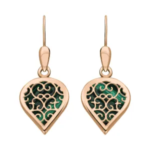 18ct Rose Gold Malachite Flore Filigree Heart Drop Earrings