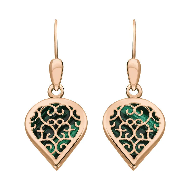 18ct Rose Gold Malachite Flore Filigree Heart Drop Earrings