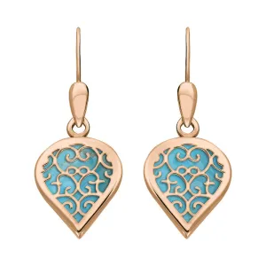 18ct Rose Gold Turquoise Flore Filigree Heart Drop Earrings