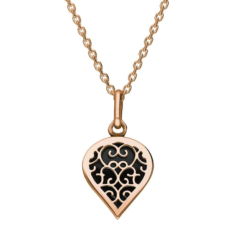 18ct Rose Gold Whitby Jet Flore Filigree Small Heart Necklace