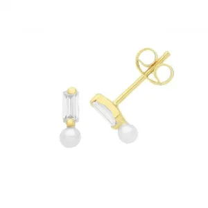 9ct Yellow Gold Baguette Zirconia And Pearl Studs ES725