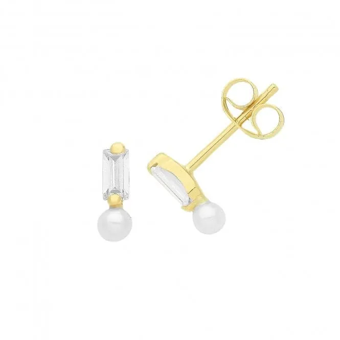 9ct Yellow Gold Baguette Zirconia And Pearl Studs ES725