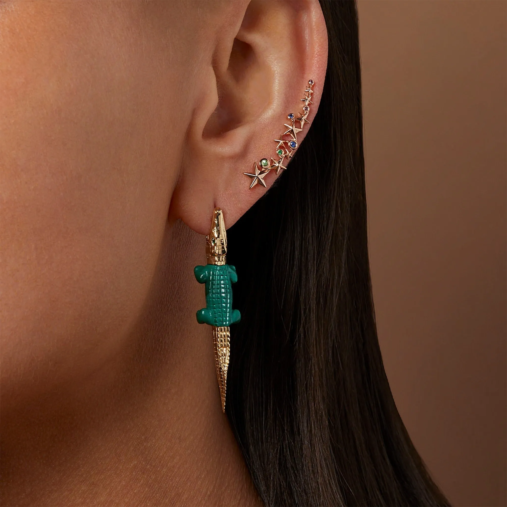 Alligator Bite 18K Gold Earring w. Malachite