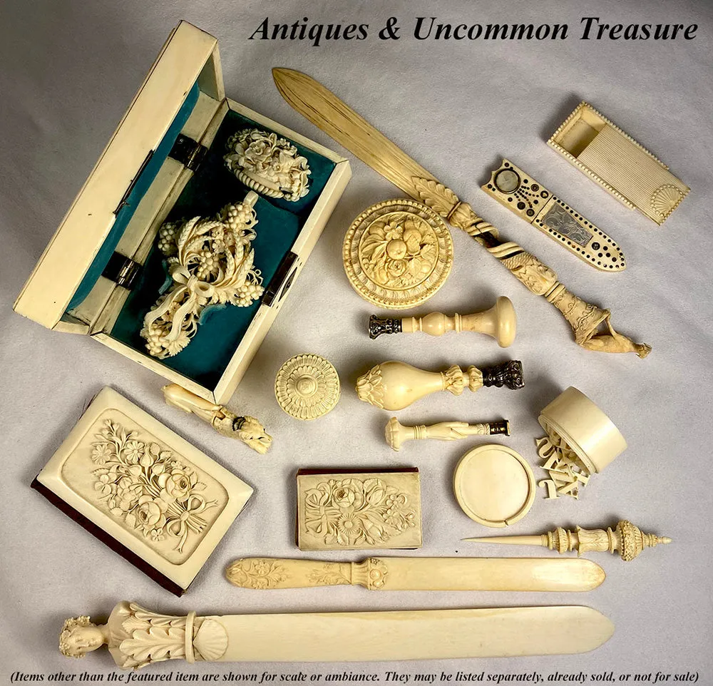 Antique Carved c.1800s Ivory Box with Carved Ivory Alphabet Inside, Curiosity or Toy