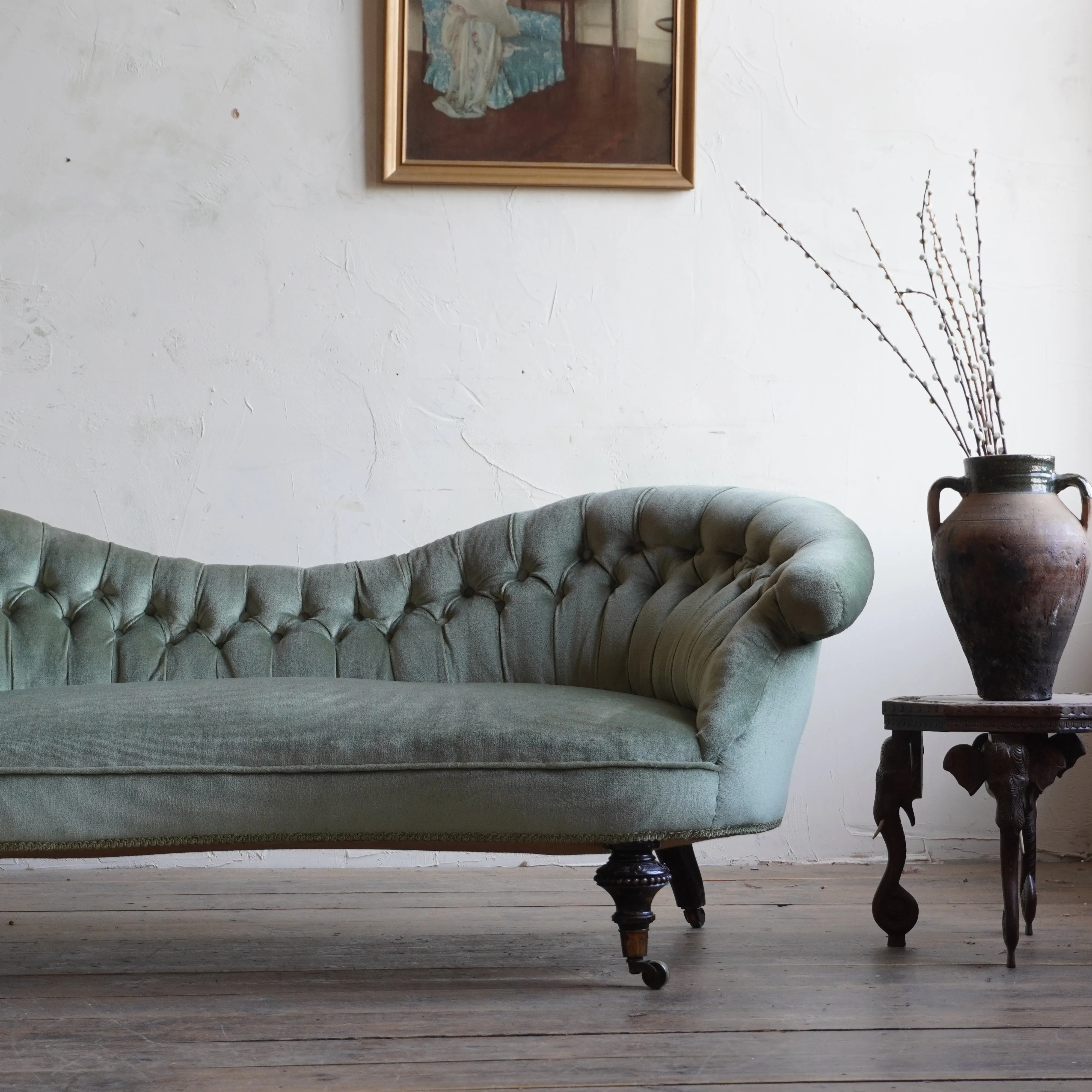 Antique Kidney Sofa - Sage Green Velvet