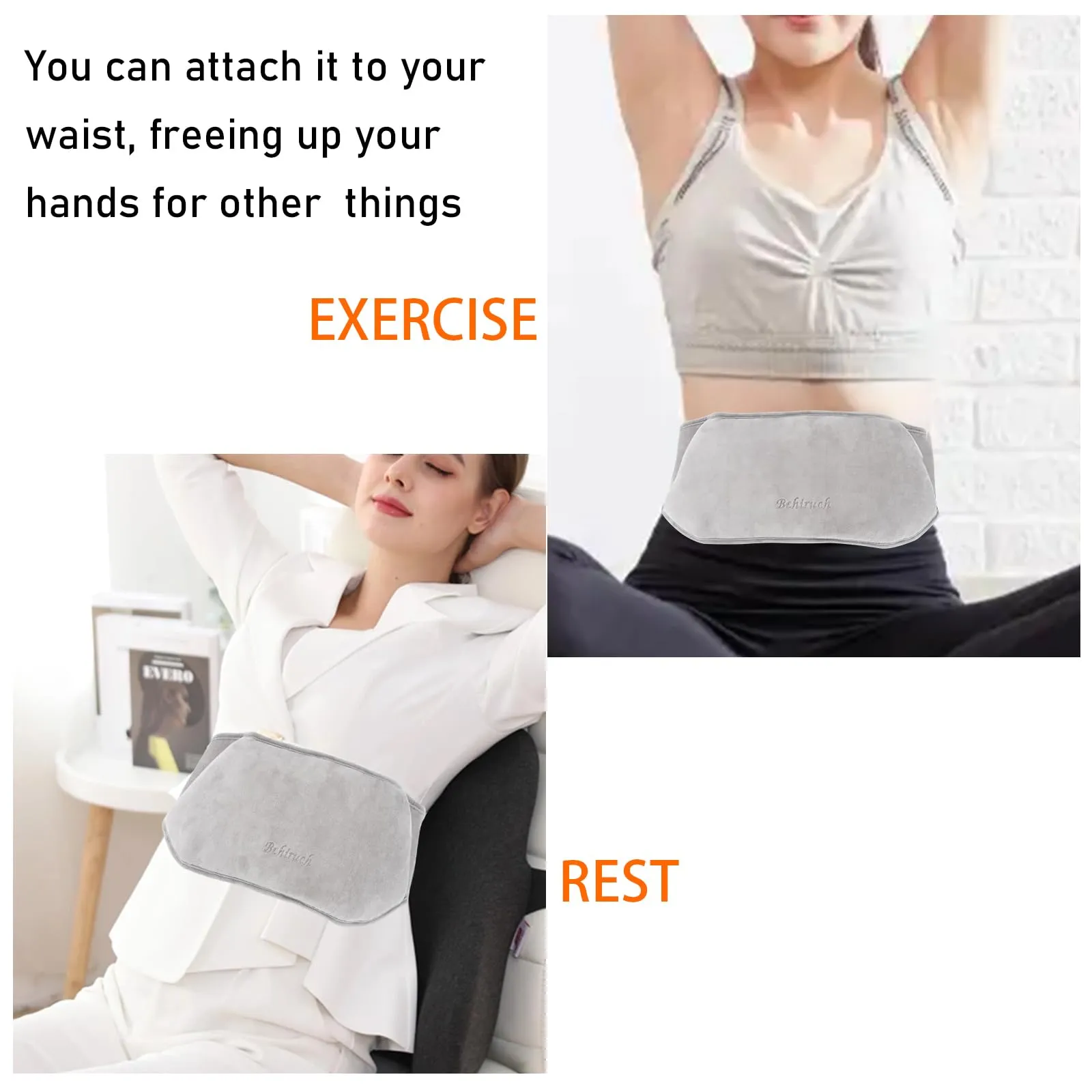 Behiruch Hot Water Bottle Belt, 1.2 L Hot Water Bottle with Cover and Soft Waist Cover, 3 in 1 Hot Water Bottle Belt Made of Rubber for Neck Shoulder Back Legs Waist Warming (Grey)