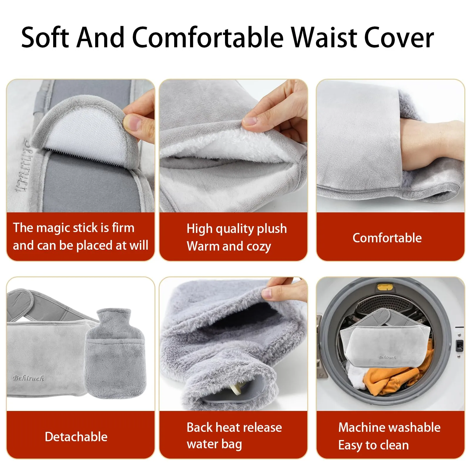 Behiruch Hot Water Bottle Belt, 1.2 L Hot Water Bottle with Cover and Soft Waist Cover, 3 in 1 Hot Water Bottle Belt Made of Rubber for Neck Shoulder Back Legs Waist Warming (Grey)