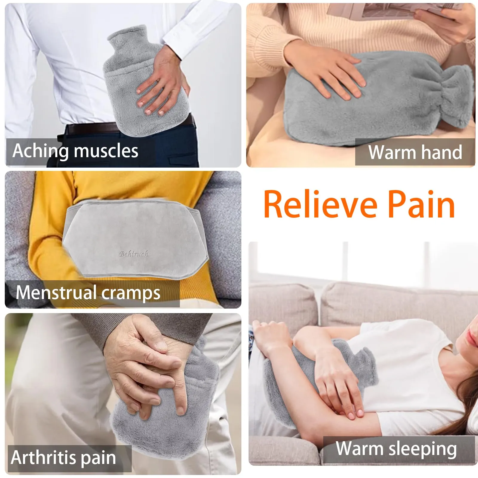 Behiruch Hot Water Bottle Belt, 1.2 L Hot Water Bottle with Cover and Soft Waist Cover, 3 in 1 Hot Water Bottle Belt Made of Rubber for Neck Shoulder Back Legs Waist Warming (Grey)
