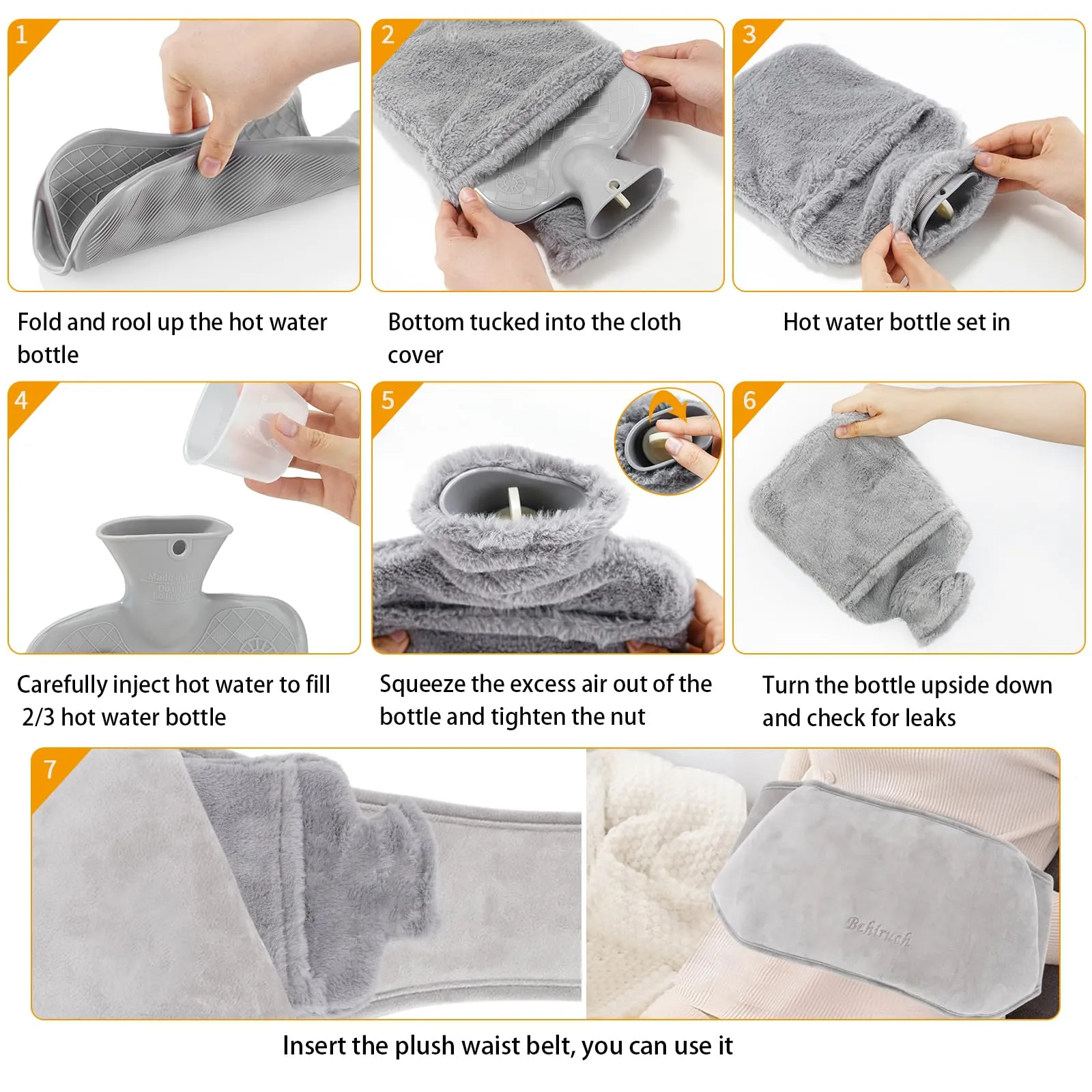 Behiruch Hot Water Bottle Belt, 1.2 L Hot Water Bottle with Cover and Soft Waist Cover, 3 in 1 Hot Water Bottle Belt Made of Rubber for Neck Shoulder Back Legs Waist Warming (Grey)