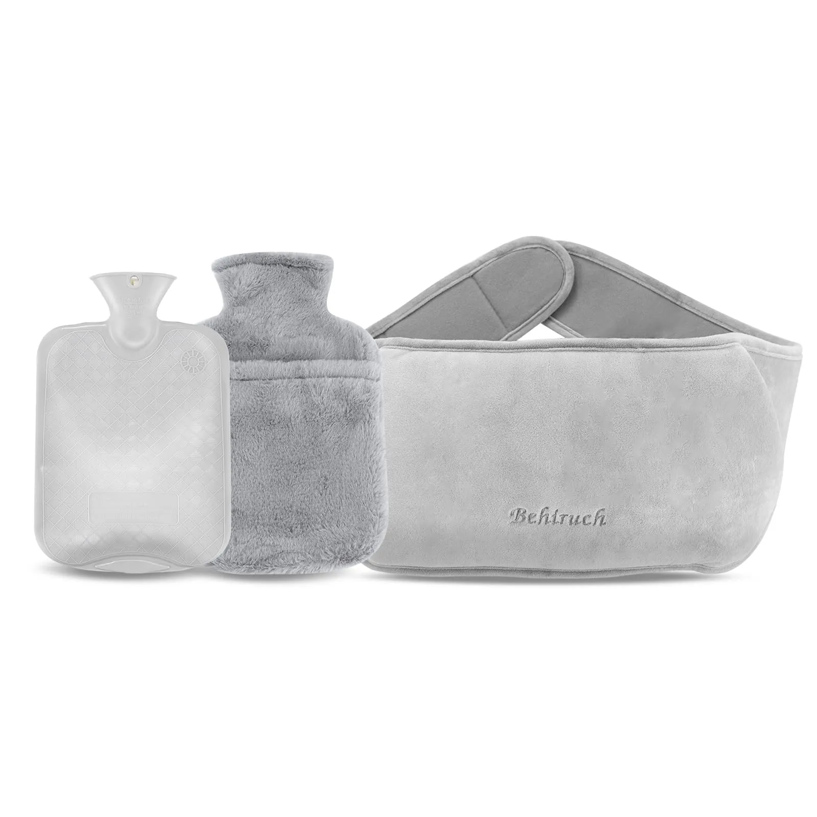 Behiruch Hot Water Bottle Belt, 1.2 L Hot Water Bottle with Cover and Soft Waist Cover, 3 in 1 Hot Water Bottle Belt Made of Rubber for Neck Shoulder Back Legs Waist Warming (Grey)