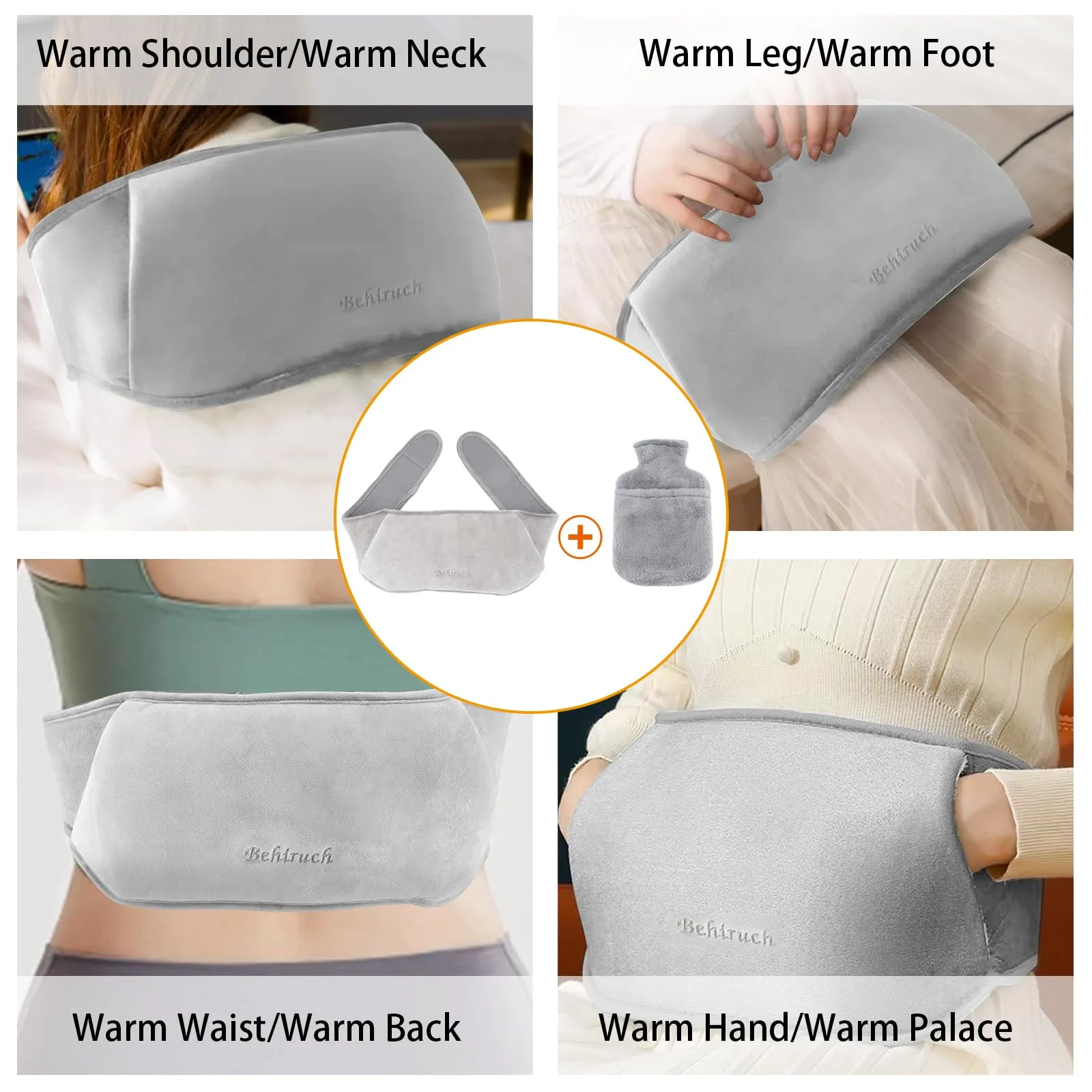Behiruch Hot Water Bottle Belt, 1.2 L Hot Water Bottle with Cover and Soft Waist Cover, 3 in 1 Hot Water Bottle Belt Made of Rubber for Neck Shoulder Back Legs Waist Warming (Grey)