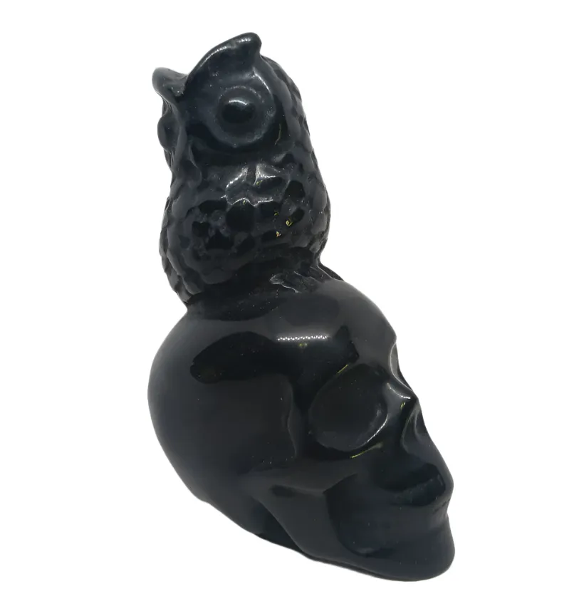 Black Obsidian Crystal Skull and Owl Carving