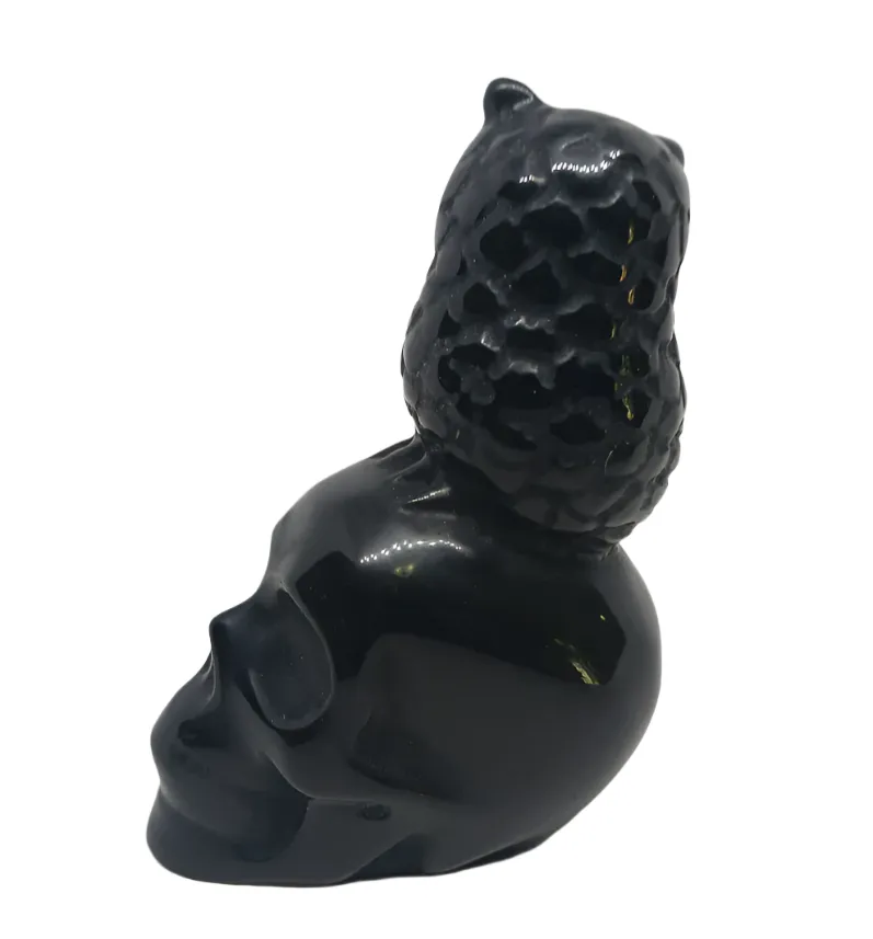 Black Obsidian Crystal Skull and Owl Carving