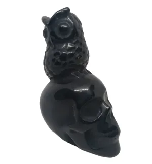 Black Obsidian Crystal Skull and Owl Carving
