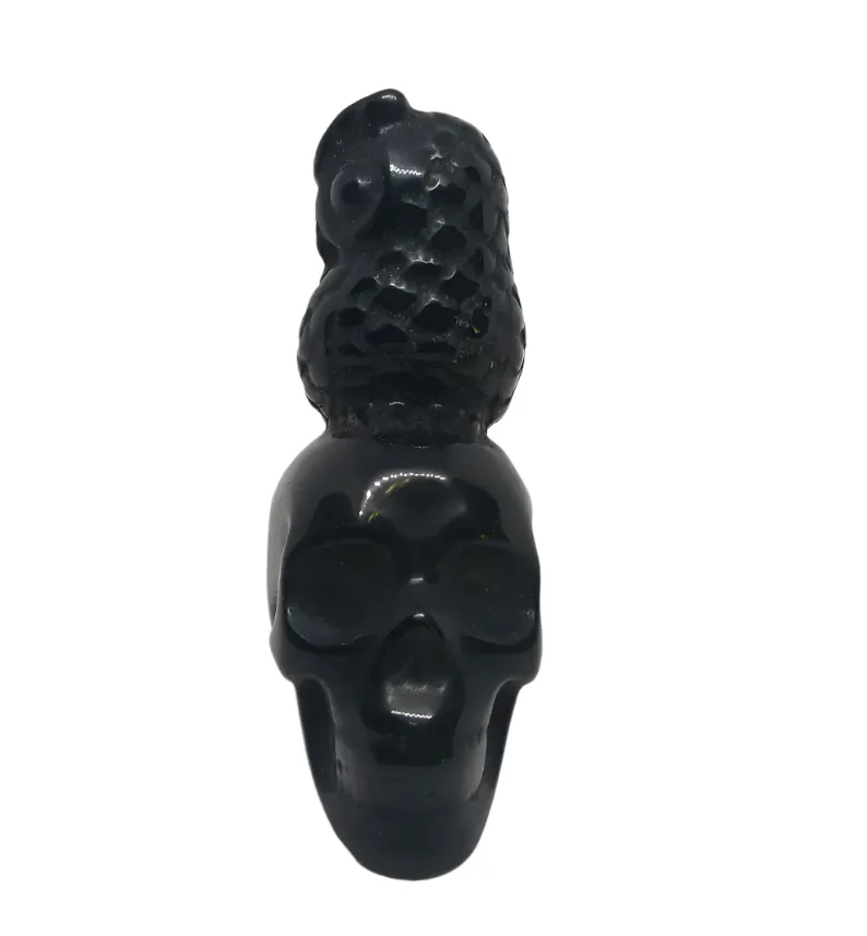 Black Obsidian Crystal Skull and Owl Carving