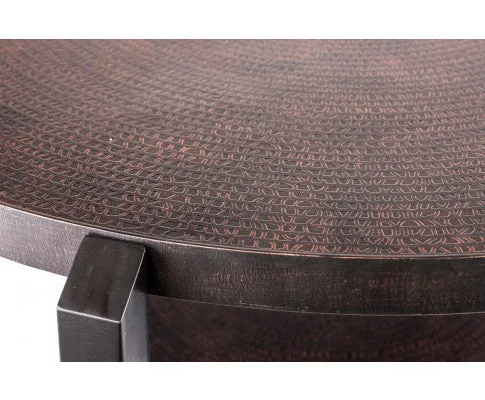 Black Round Coffee Table with Storage Shelf in Copper Finish Top
