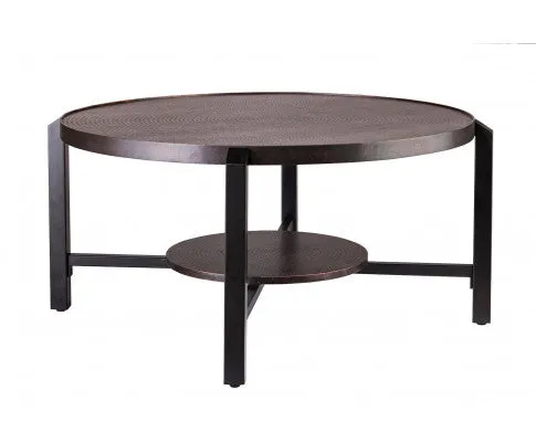 Black Round Coffee Table with Storage Shelf in Copper Finish Top