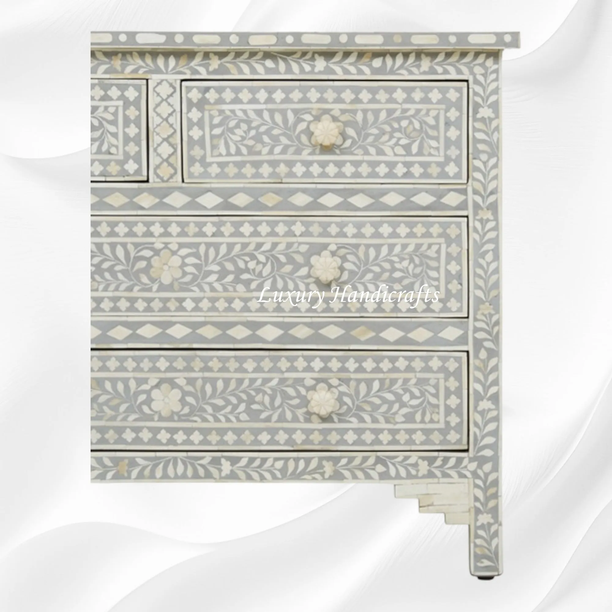 Bone Inlay Floral Chest Of 4 Drawer Grey