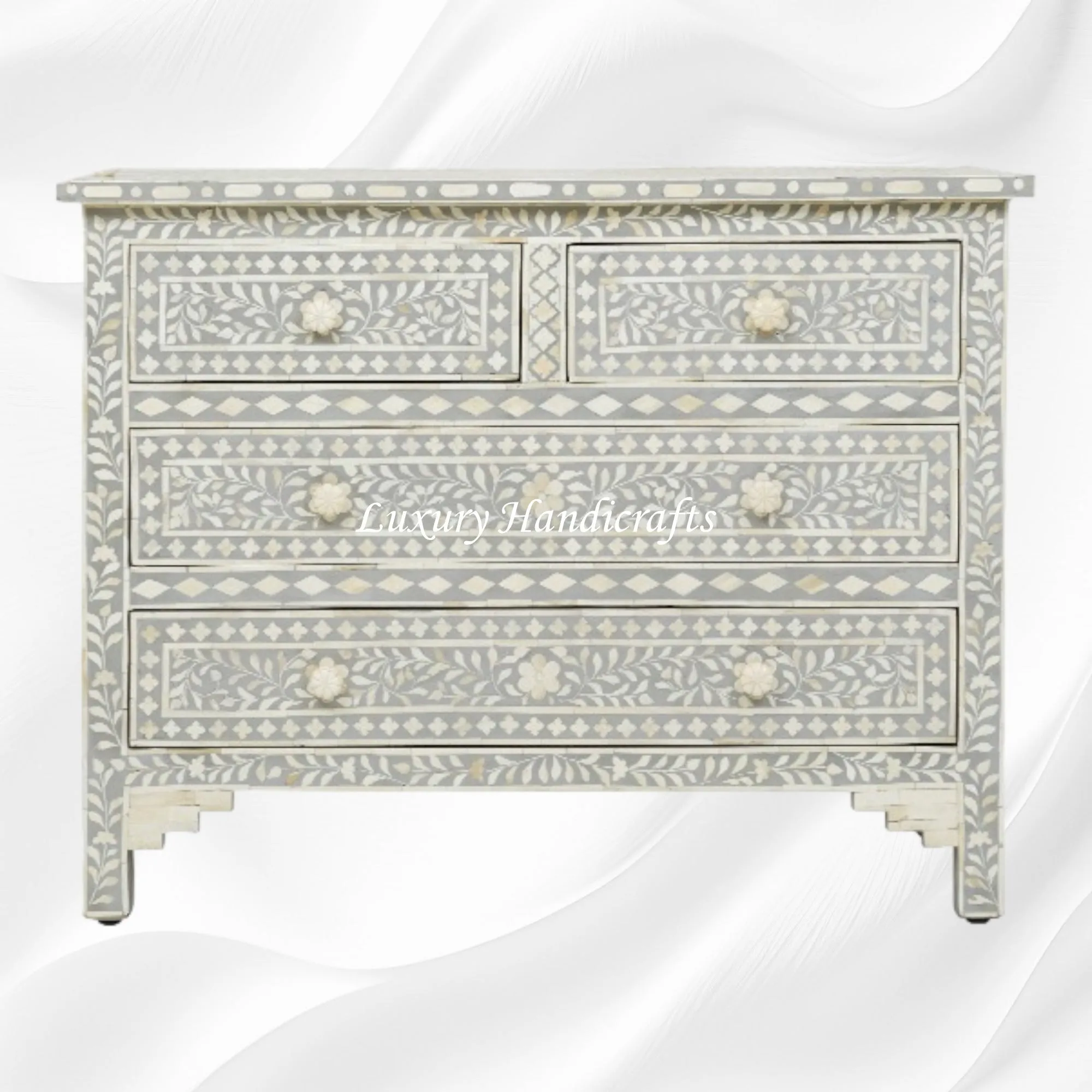 Bone Inlay Floral Chest Of 4 Drawer Grey
