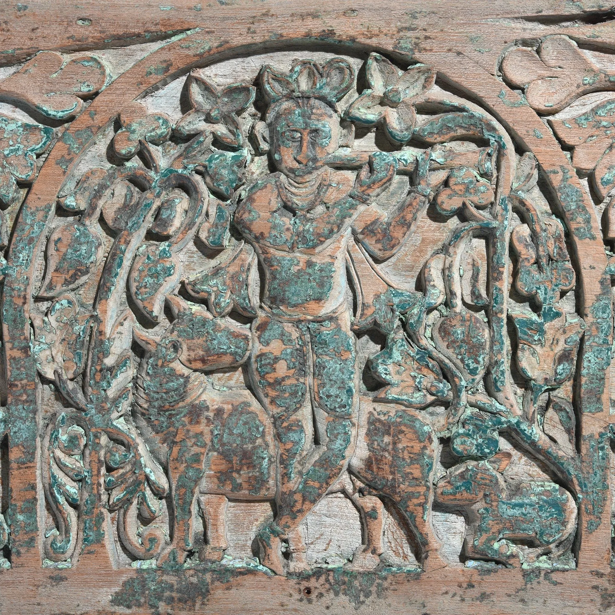 Carved Teak Krishna Lintel Panel From Andra Pradesh - 19thC
