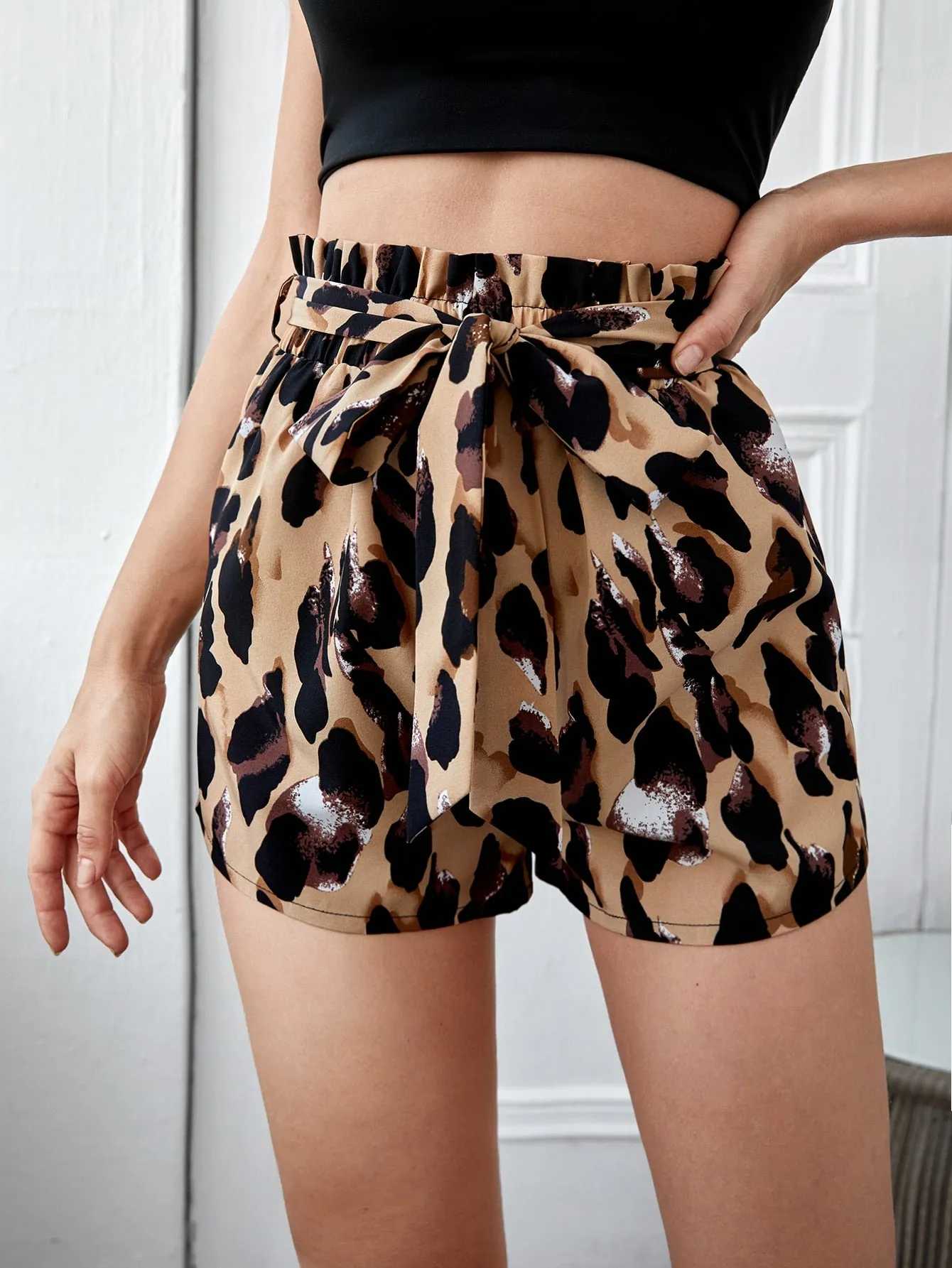 Casual All Over Print Paper Bag Waist High Waist Women Shorts