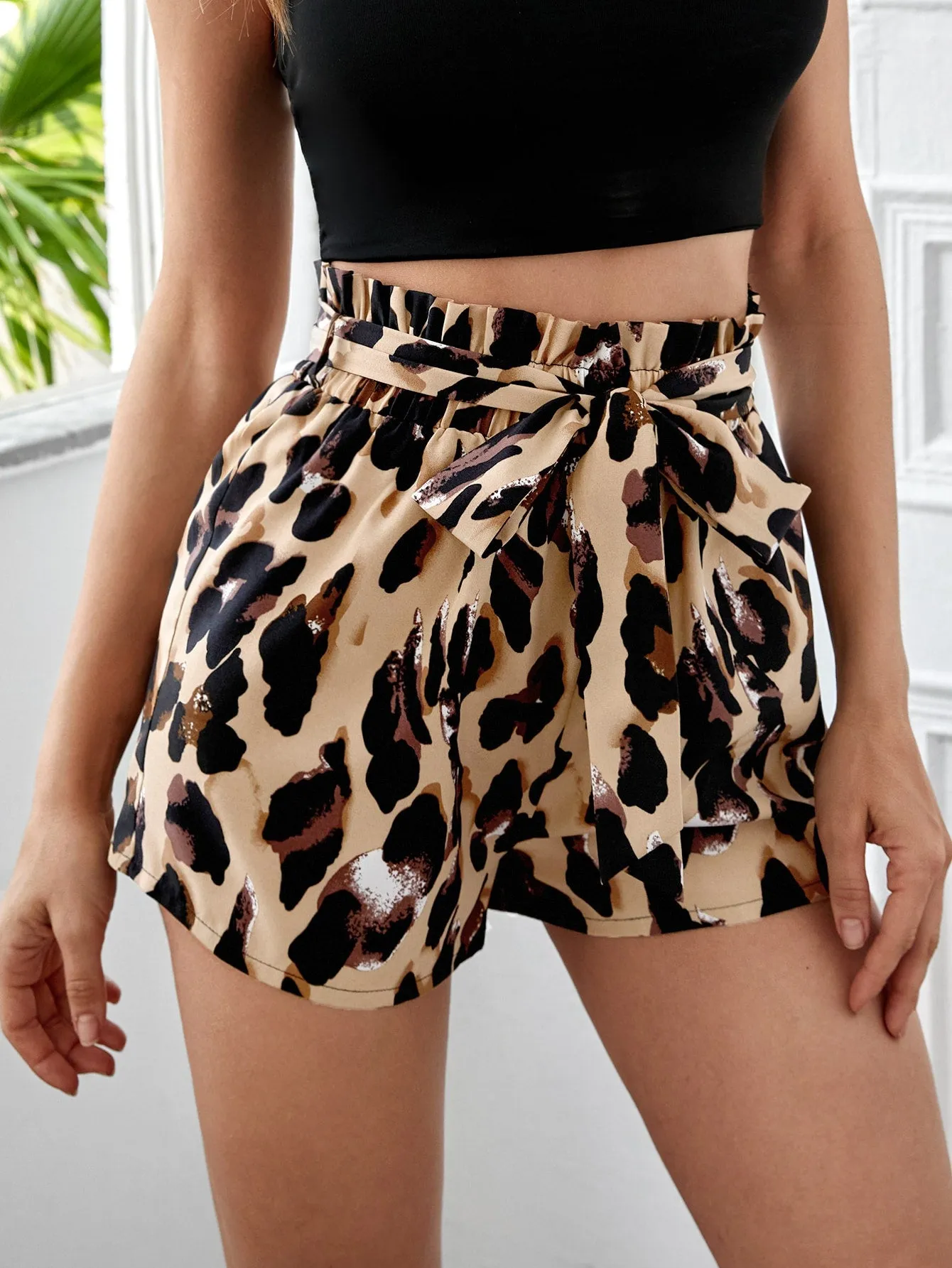Casual All Over Print Paper Bag Waist High Waist Women Shorts