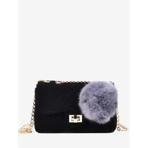 Chain Pompom Crossbody Bag - Black
