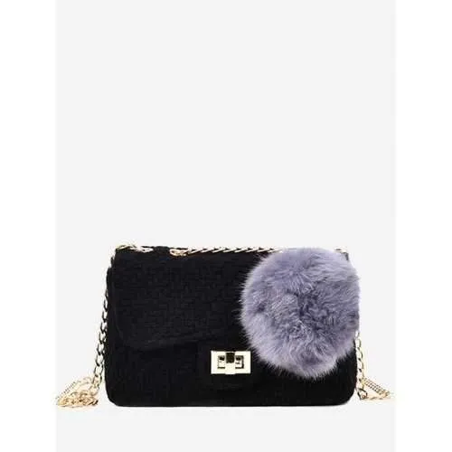 Chain Pompom Crossbody Bag - Black