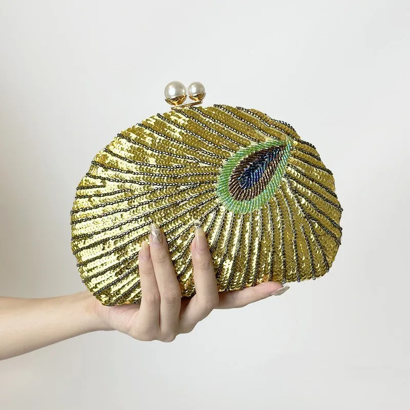 Chinese Style Embroidery Shell-Shaped Evening Bag with Pearl Handle and Cross Body