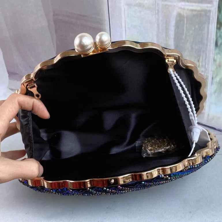 Chinese Style Embroidery Shell-Shaped Evening Bag with Pearl Handle and Cross Body