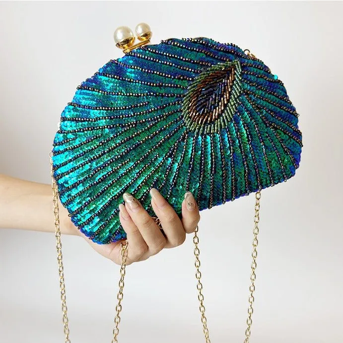 Chinese Style Embroidery Shell-Shaped Evening Bag with Pearl Handle and Cross Body