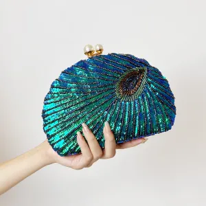 Chinese Style Embroidery Shell-Shaped Evening Bag with Pearl Handle and Cross Body