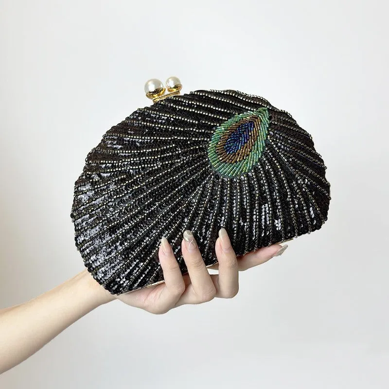 Chinese Style Embroidery Shell-Shaped Evening Bag with Pearl Handle and Cross Body