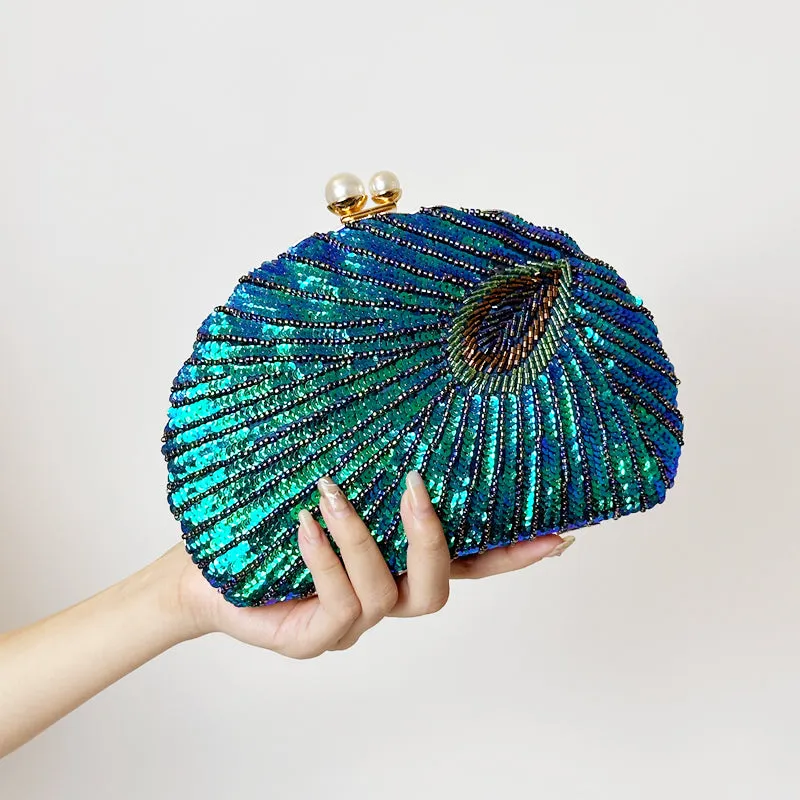 Chinese Style Embroidery Shell-Shaped Evening Bag with Pearl Handle and Cross Body