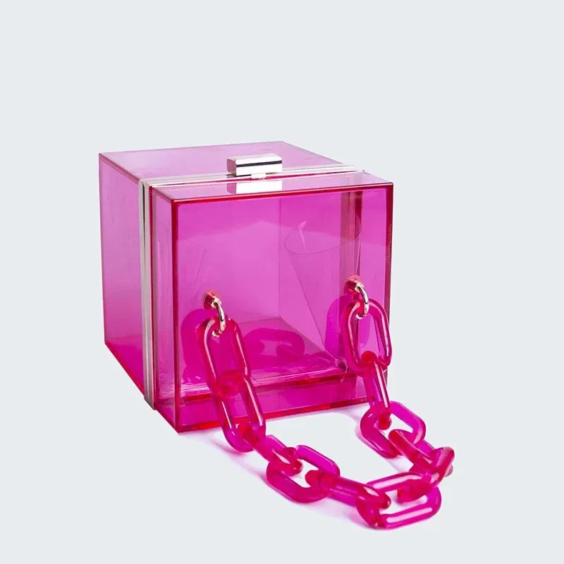 Clear chain style cube square Tote Clutch handbag