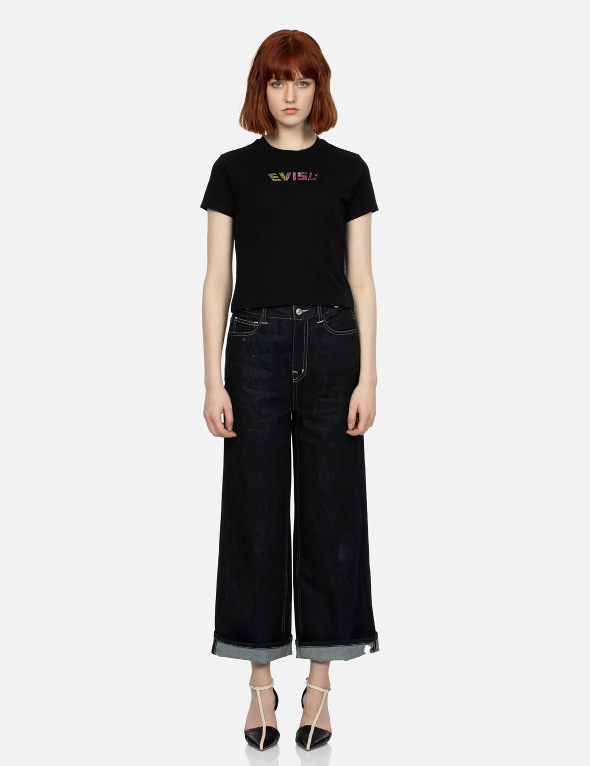 Colorful Rhinestone Logo Slim Fit T-shirt