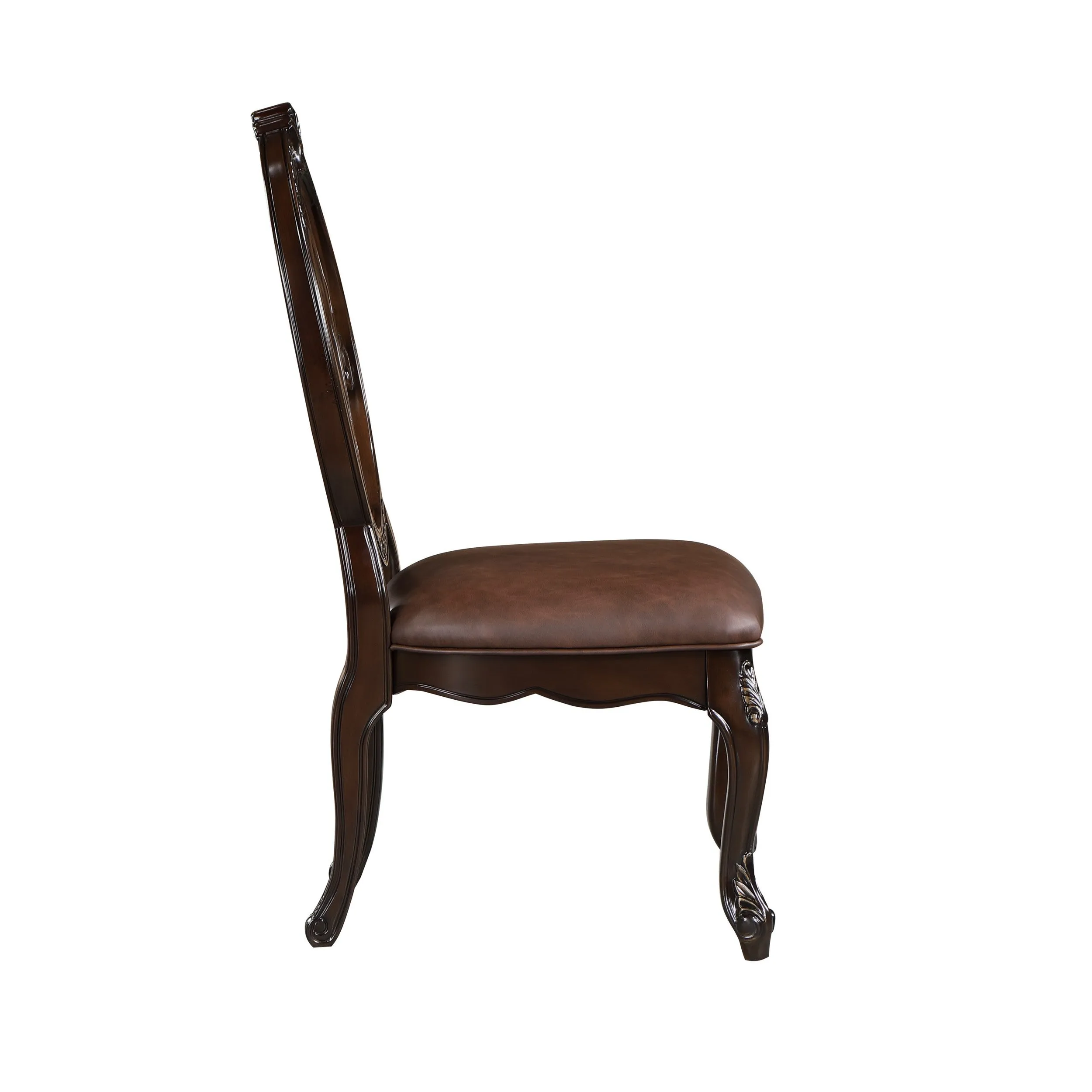 Cran 21 Inch Dining Side Chair, Carved Details, Faux Leather Seat, Brown By Casagear Home