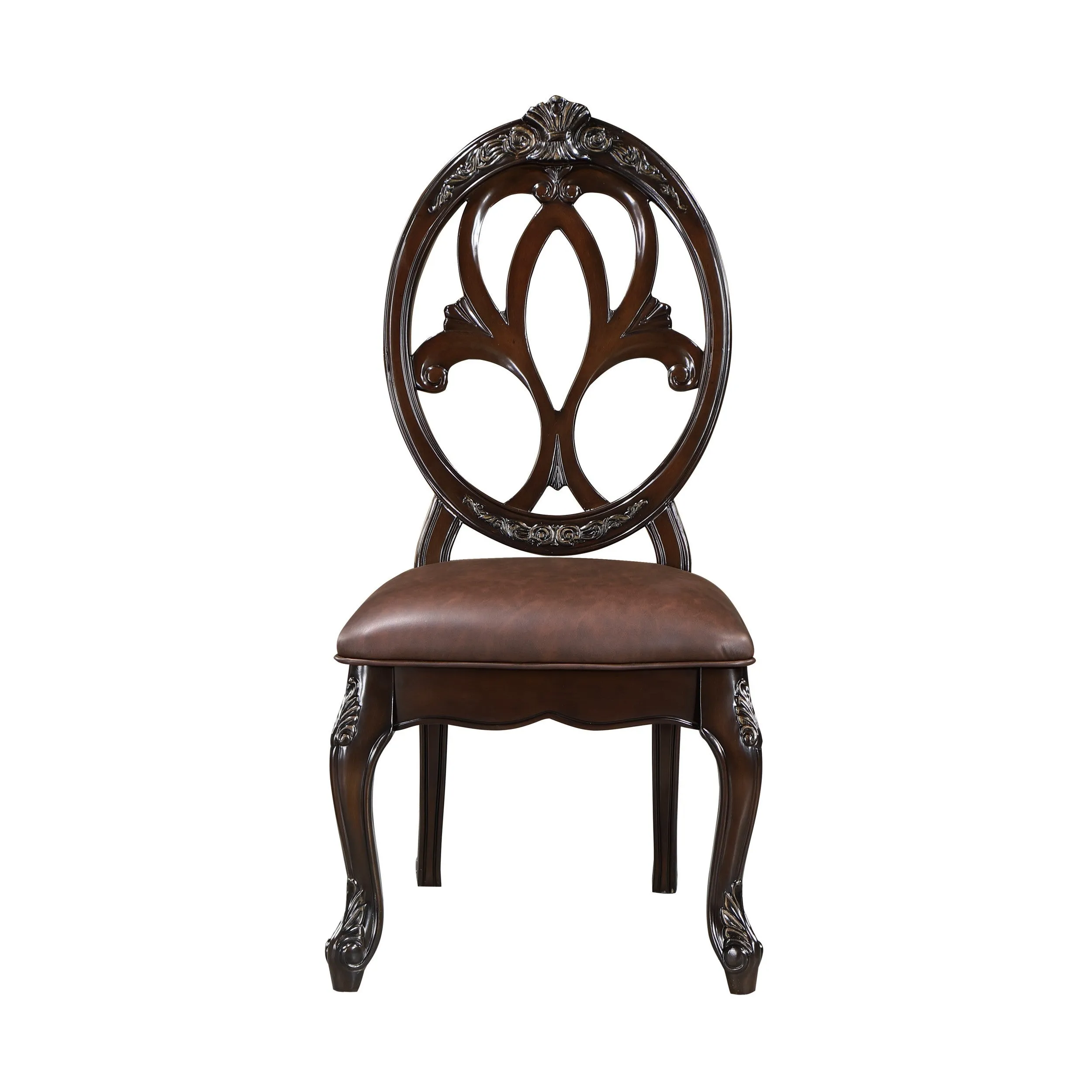 Cran 21 Inch Dining Side Chair, Carved Details, Faux Leather Seat, Brown By Casagear Home
