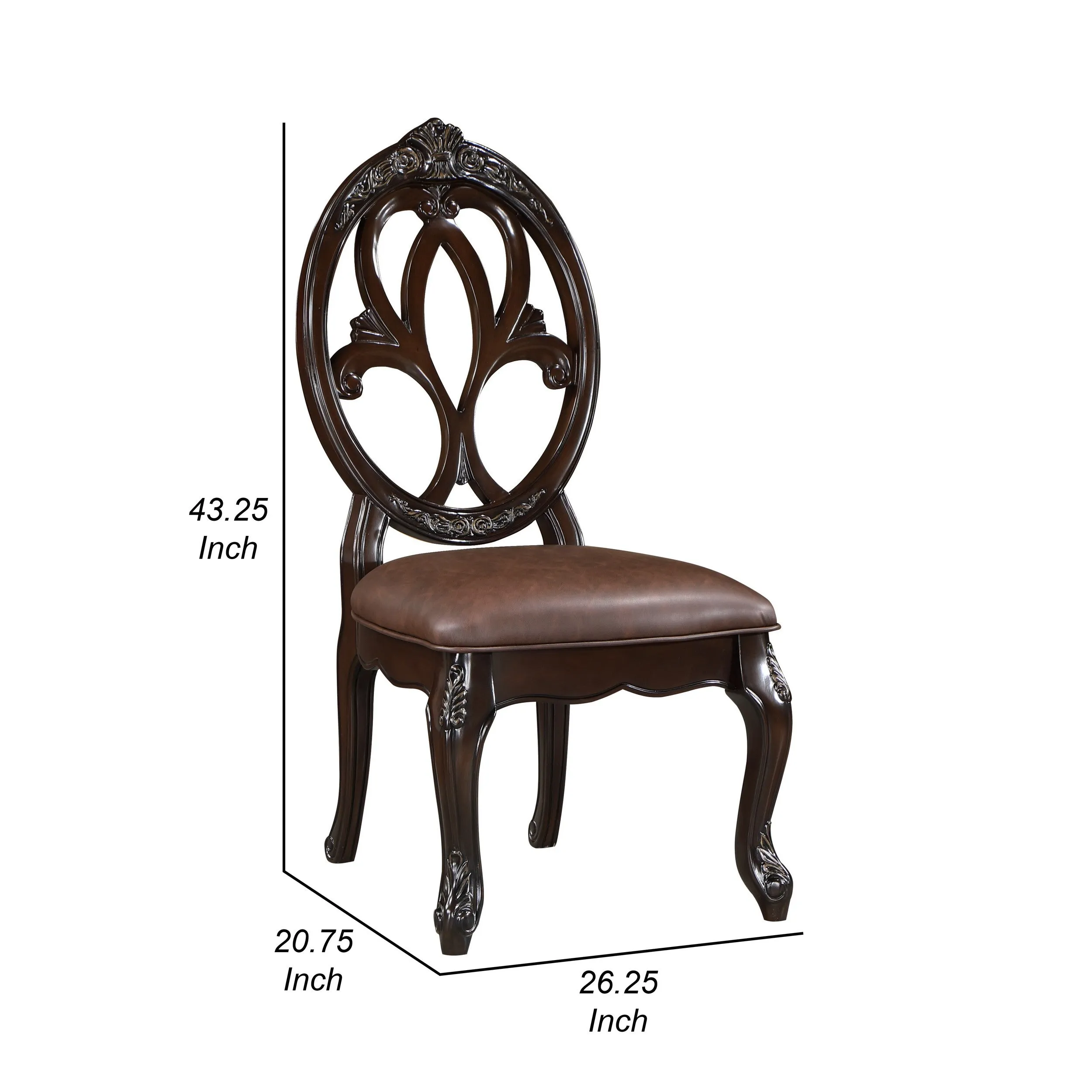 Cran 21 Inch Dining Side Chair, Carved Details, Faux Leather Seat, Brown By Casagear Home