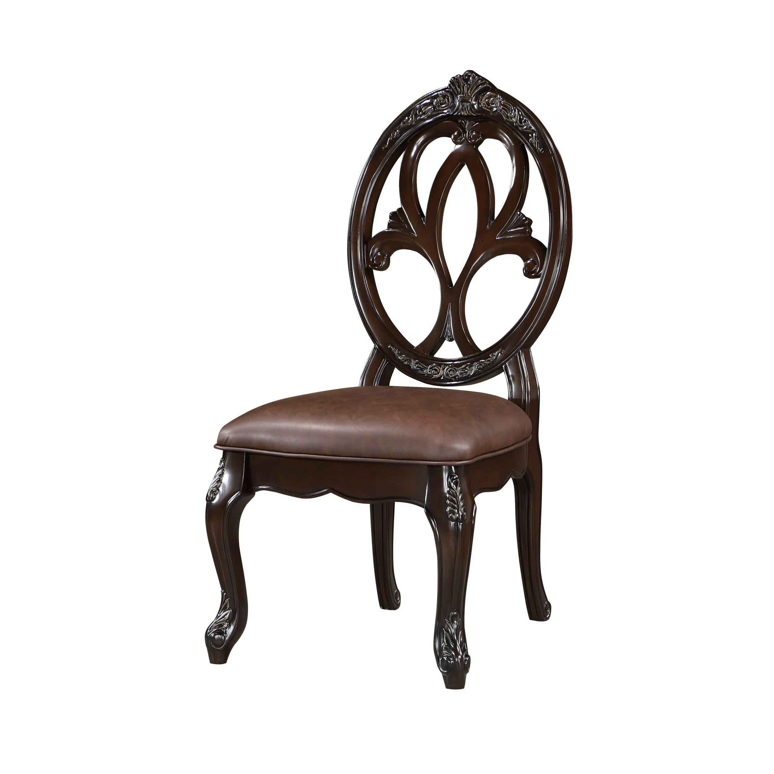 Cran 21 Inch Dining Side Chair, Carved Details, Faux Leather Seat, Brown By Casagear Home