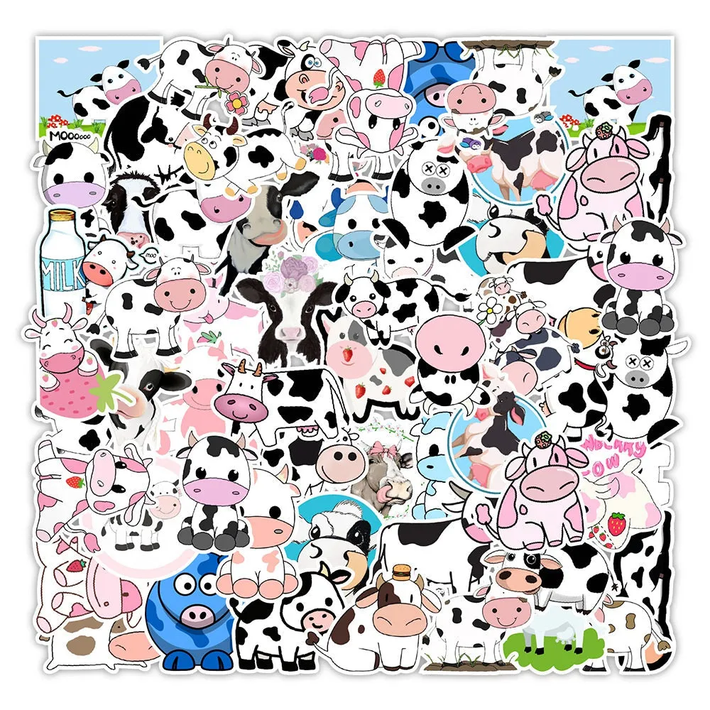 Craspire PVC Adhesive Stickers, for Suitcase, Skateboard, Refrigerator, Helmet, Mobile Phone Shell, Cow Pattern, 5~8x5~8cm, 50pcs/bag
